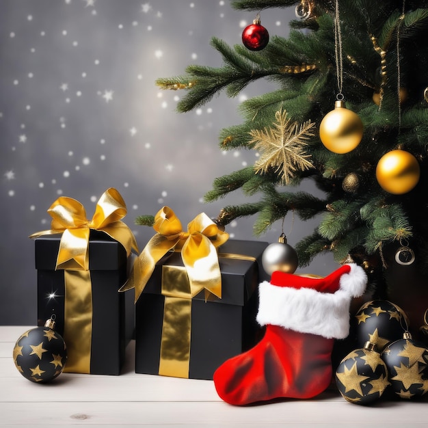 サンタクロースの靴下 黄金の星 プレゼント箱 クリスマスの背景のクリスマス装飾品