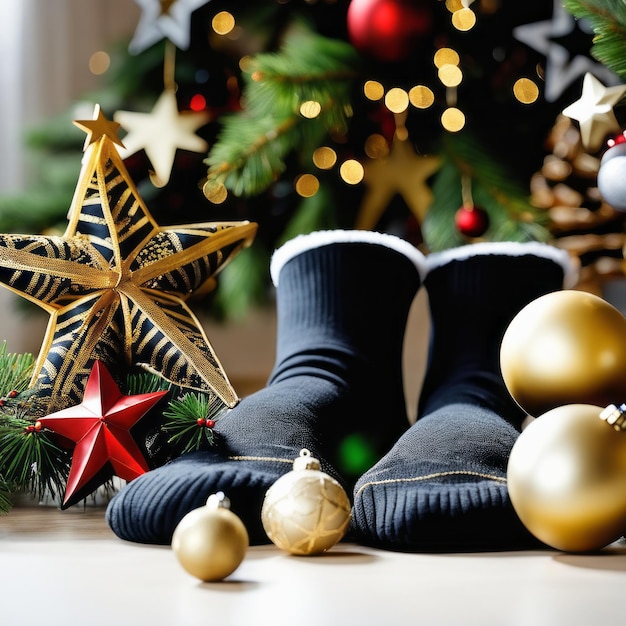 Санта-Клаус носки золотые звезды подарочные коробки и рождественские украшения с рождественским фоном
