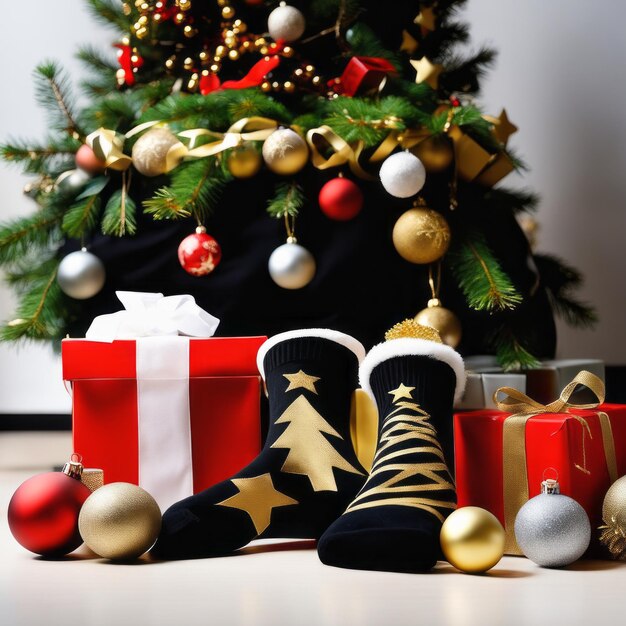 Санта-Клаус носки золотые звезды подарочные коробки и рождественские украшения с рождественским фоном