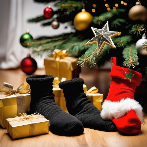 산타클로스 양말, 금색 별, 선물 상자 및 크리스마스 배경의 크리스마스 장식품