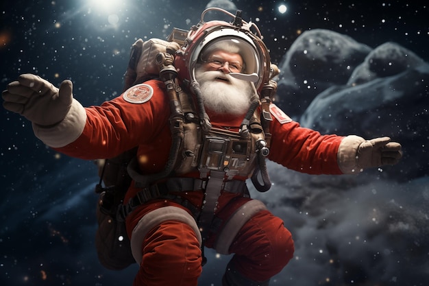 Foto babbo natale in tuta spaziale che galleggia nello spazio fuori dalla nave spaziale sfondo lunare illustrazione divertente di natale