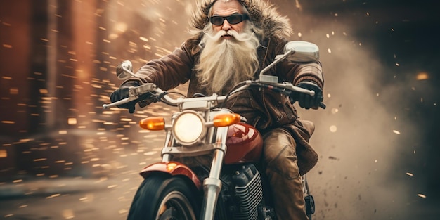 Санта-Клаус ускоряется по заснеженной городской дороге на своем мотоцикле