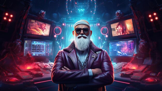 Santa Claus in spy's attire in hightech lair