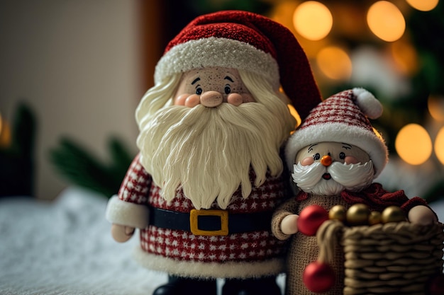 Santa Claus-standbeeld en pop met decoraties voor de feestdagen en cadeautjes