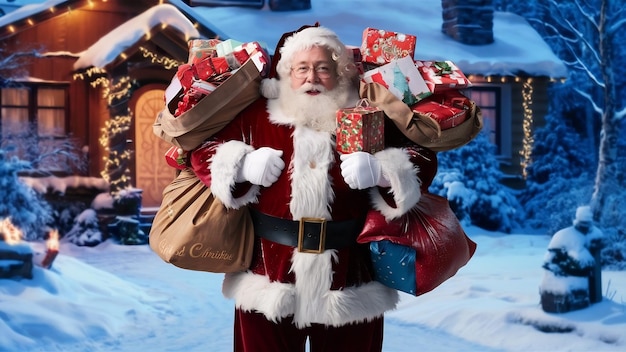 Santa claus standing and bringing gift bags