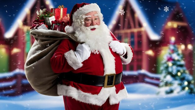 Santa claus standing and bringing gift bags