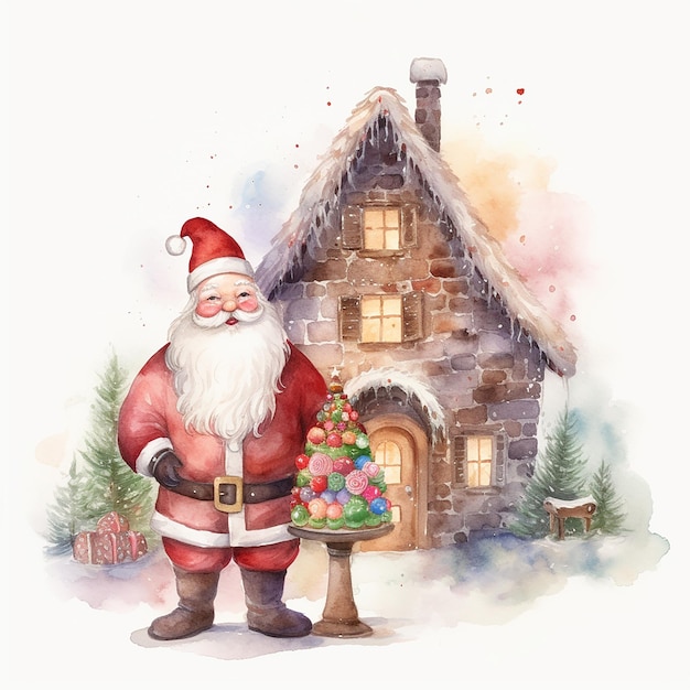 Santa claus standing in front of a house with a christmas tree