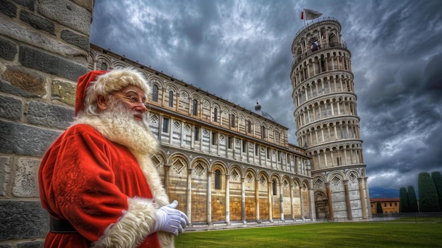 サンタクロースがイタリアのピサの斜塔の前に立っている