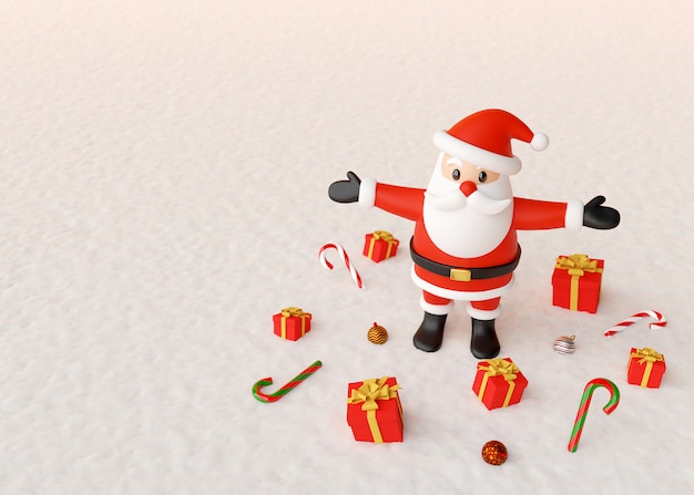 Santa Claus standing with gifts and Christmas ornaments on a snow ground, 3d rendering