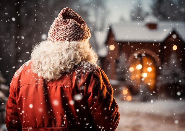 Photo santa claus stands and looks at the city on christmas night