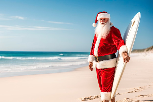 Santa Claus surfing on vacation in summer