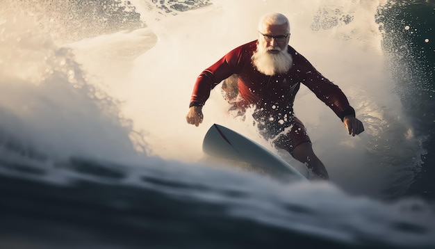 Santa Claus surfing on the waves