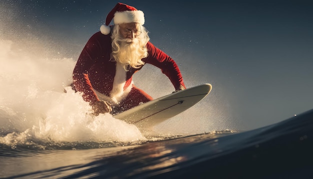 Santa Claus surfing on the waves