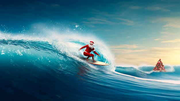 Санта-Клаус серфирует на волнах.
