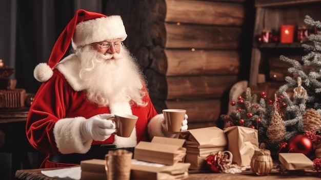 Santa claus at a table with a christmas tree in the background