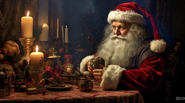 Santa claus at a table with a christmas tree