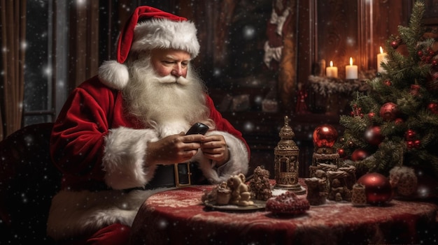 Santa claus at a table with a christmas tree