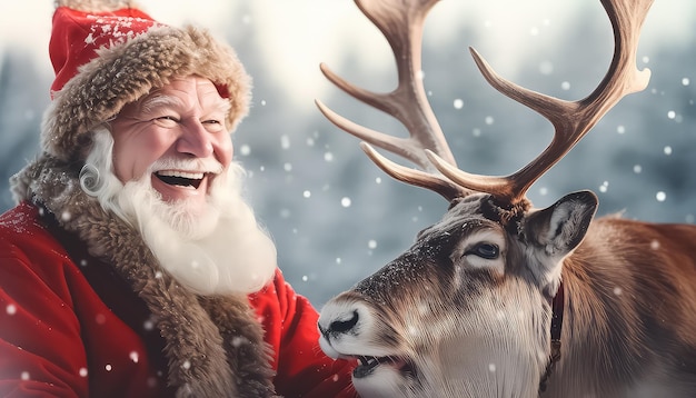 Santa Claus takes a selfie with his reindeer