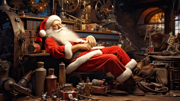 Santa Claus taking a break from working in his workshop AI Generated