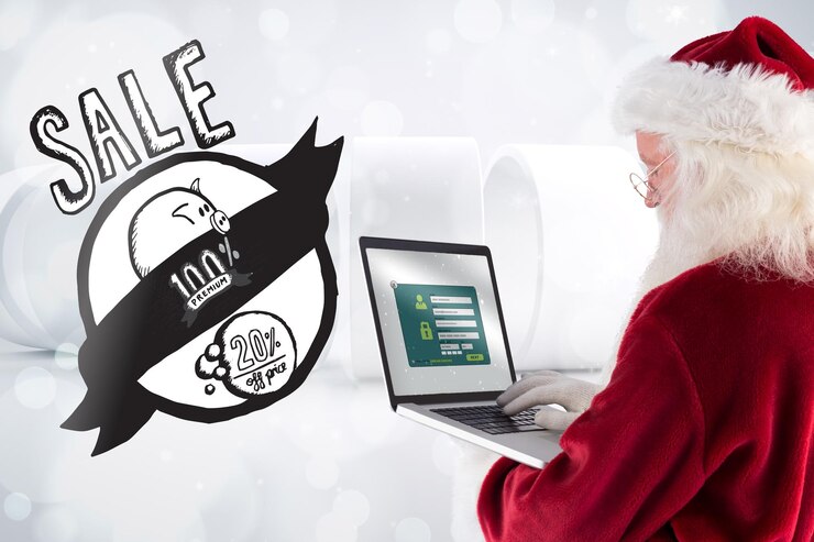 Photo santa claus uses a laptop against lights twinkling in modern room
