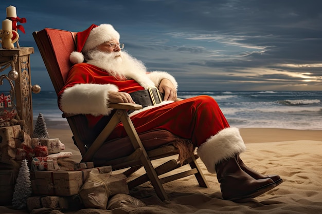 Santa claus on vacation resting in a chair on the beach