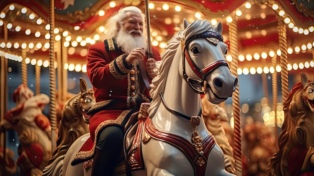 Santa Claus on vibrant carousel ride