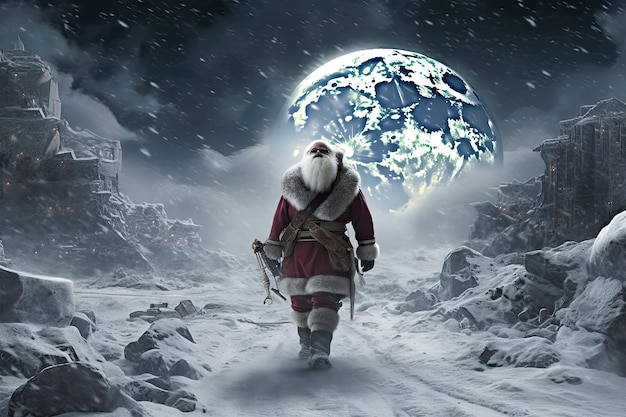 Santa Claus walking on moon ice desert with snow