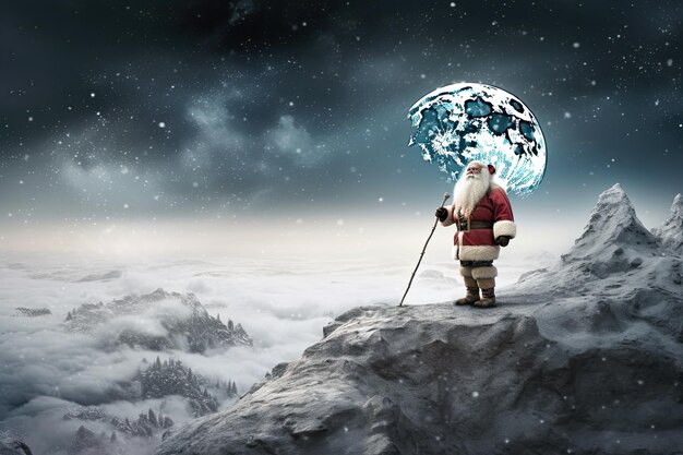 Santa Claus walking on moon ice desert with snow