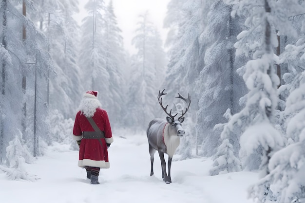 Santa Claus walking together with reindeer in the forest at winter Marry Christmas and happy holidays