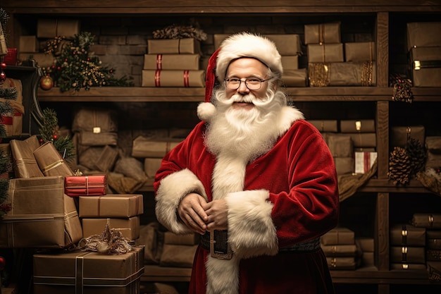 Santa Claus in the warehouse of his gifts factory and looking at camera Warehouse of gifts of Santa Claus Accounting and distribution for all children on the planet Santa