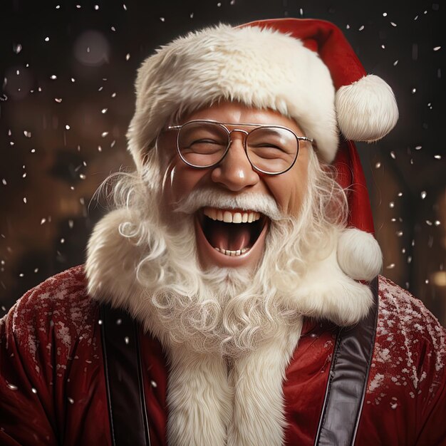 a santa claus wearing glasses and a santa hat is smiling