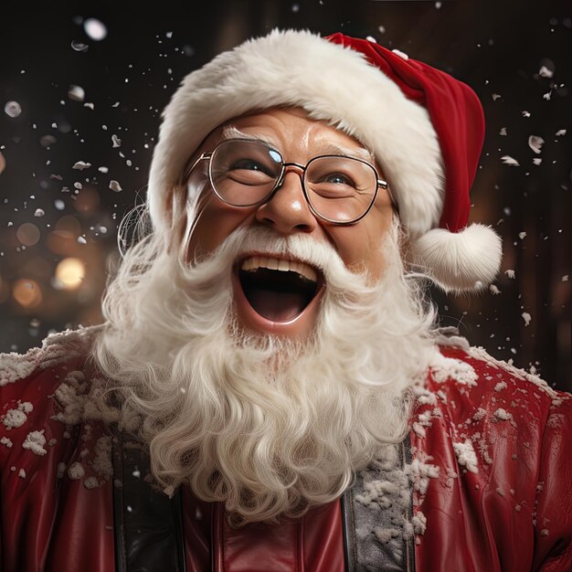 a santa claus wearing a santa hat and glasses is smiling