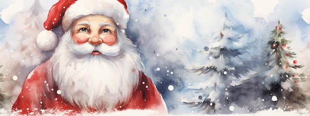 Santa Claus on winter snow landscape Christmas watercolor illustration for postcard design print