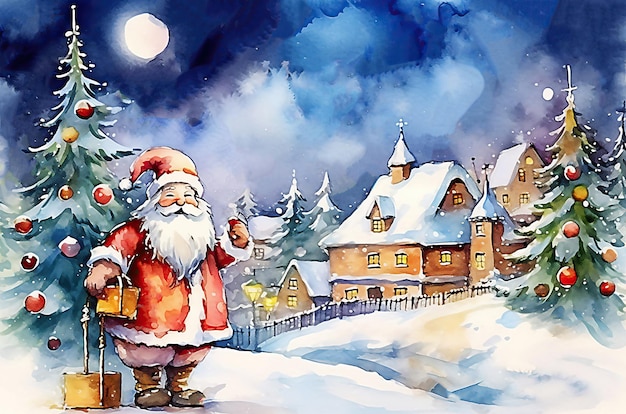 Santa Claus in winter village Merry christmas and Happy New year concept Illustration Post processed AI generated image