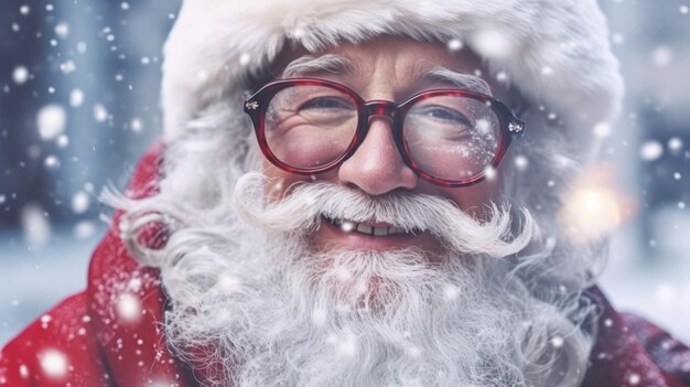 Santa Claus with a big bag of gifts in eyeglasses is looking at camera and smiling