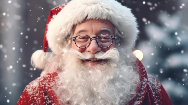 Santa Claus with a big bag of gifts in eyeglasses is looking at camera and smiling