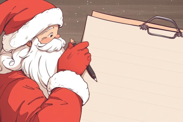 Foto babbo natale con spazio vuoto nel blocco appunti per la tua lista di cose da fare e la lista dei regali per natale