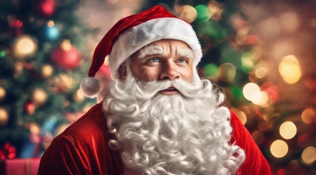 santa claus with christmas decorations christmas scene santa claus face on christmas background