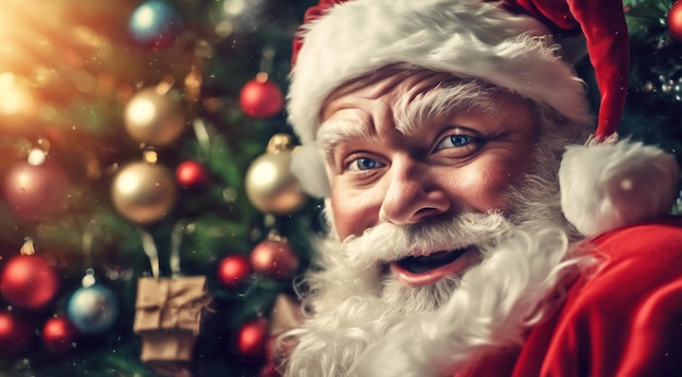 santa claus with christmas decorations christmas scene santa claus face on christmas background