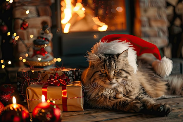 Santa Claus with Christmas Gifts Pile Saint Nicholas Sitting by the Fireplace Xmas Presents