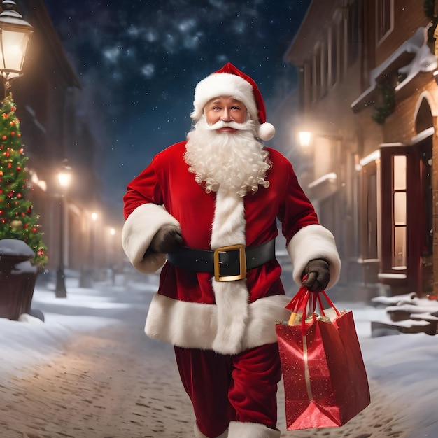 Photo santa claus with christmas gifts santa claus stands on the street with a gift in his hands next to