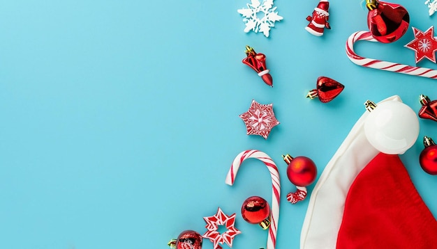 파란색 배경에 크리스마스 트리와 사탕 지팡이가 있는 산타클로스.