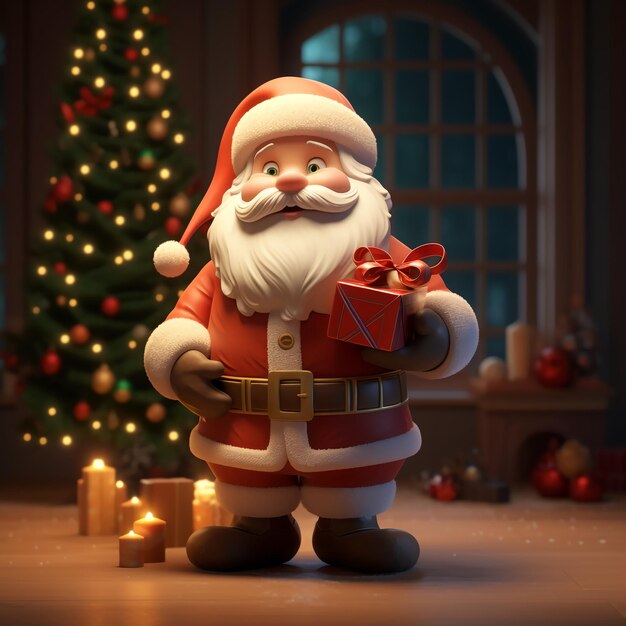 Santa claus with christmas tree gifts and decorations cartoon style