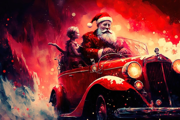 Santa Claus with a companion in a red vehicle decorated for Christmas