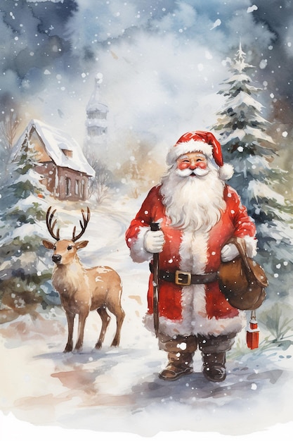 Santa Claus with deer against Christmas background Watercolor illustration for card design print