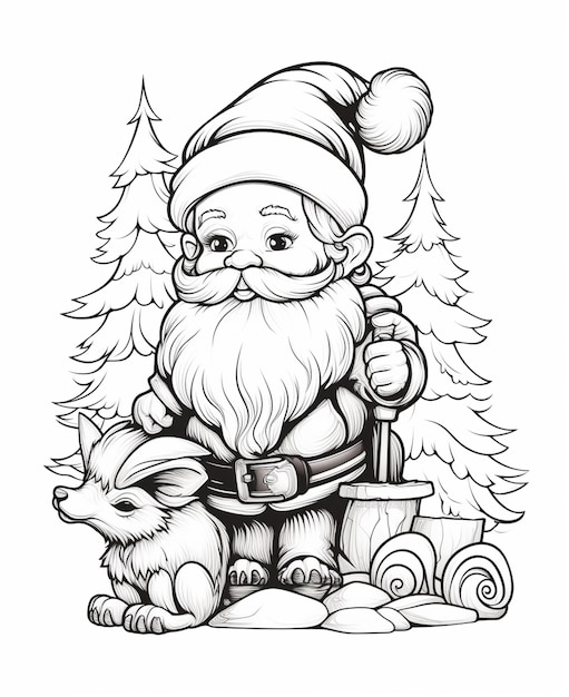 santa claus with a dog and a christmas tree coloring page generative ai