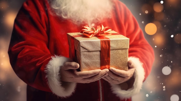 Santa Claus with gift box in his hands