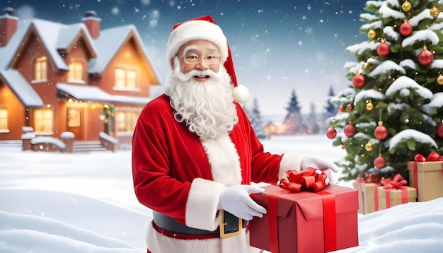 Santa Claus with a gift box placed on the snow and the Christmas tree background