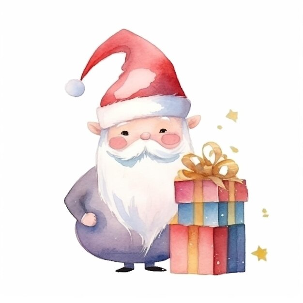 Foto babbo natale con un'illustrazione dell'acquerello del contenitore di regalo