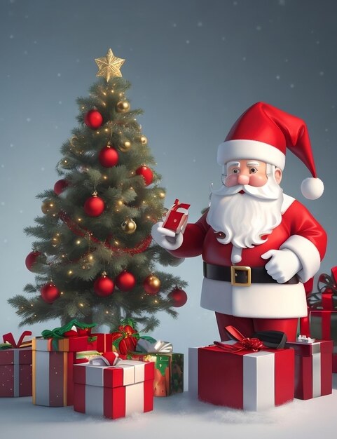 배경에 선물 상자 크리스마스 트리를 들고 있는 산타클로스